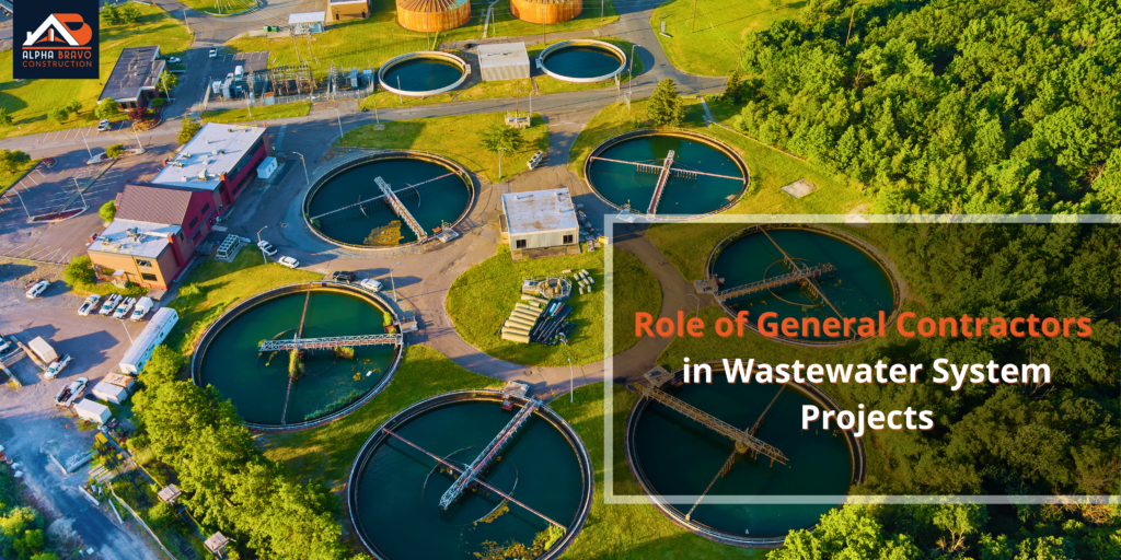 Aerial view of a large wastewater treatment plant with multiple circular tanks.