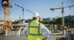 A general contractors, wearing a safety vest and hard hat, stands on a construction site overlooking cranes and a cityscape