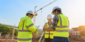 Construction workers in safety gear reviewing plans at a construction site, with a crane in the background General Contractor in Houston.