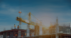 Modern industrial construction site in Houston TX with general contractors managing durable steel and concrete structures.