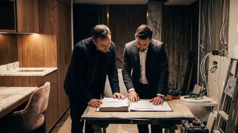 Contractor and hotel brand compliance inspector reviewing a PIP binder in a partially renovated hotel guest room, 2026